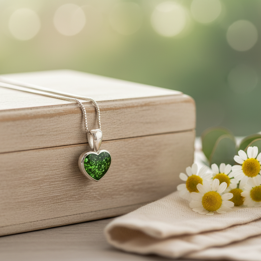 tiny heart ashes memorial necklace on a box with daisies