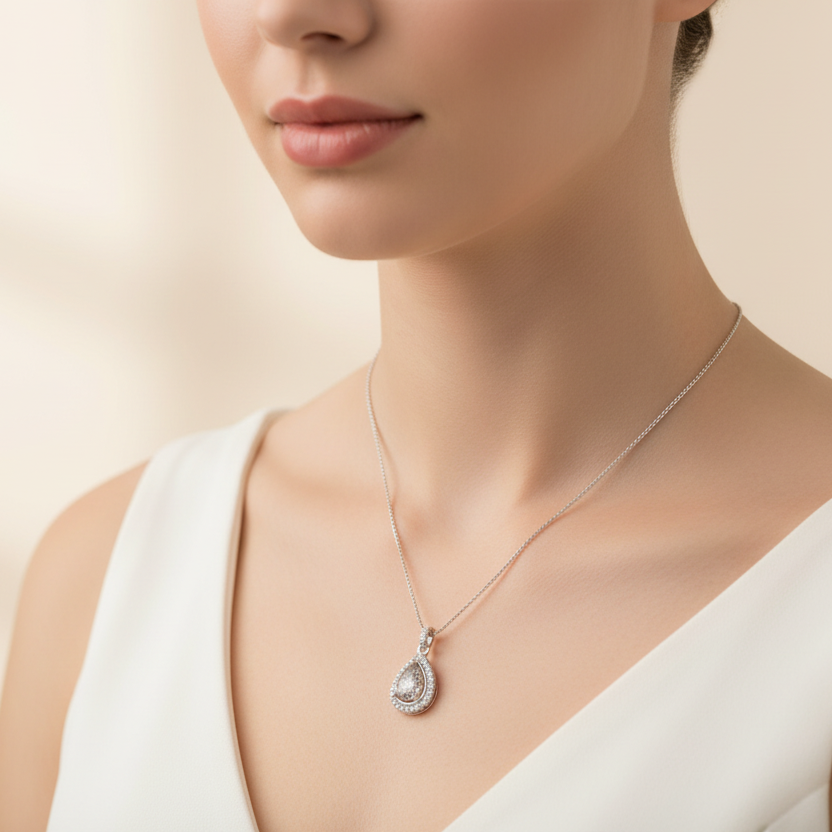 Teardrop-shaped pendant memorial on a chain against a green fabric background with 'Ashes Necklaces' text.