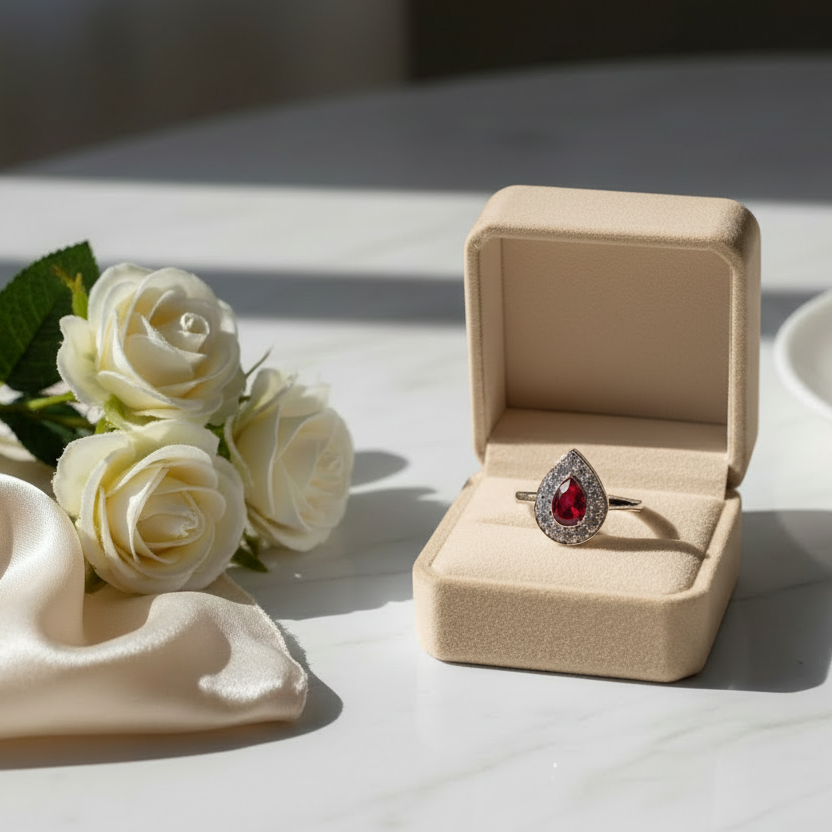 ashes memorial ring in a velvet box on a desk