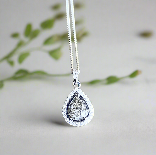 teardrop halo ashes necklace on white background
