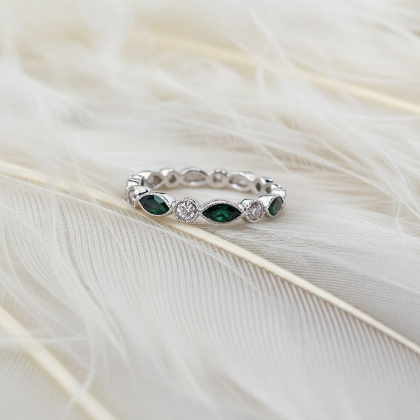 white gold eternity ring with real diamonds and emerald cremation ashes