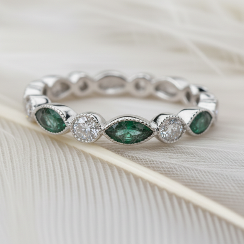 white gold eternity ring with real diamonds and emerald cremation ashes